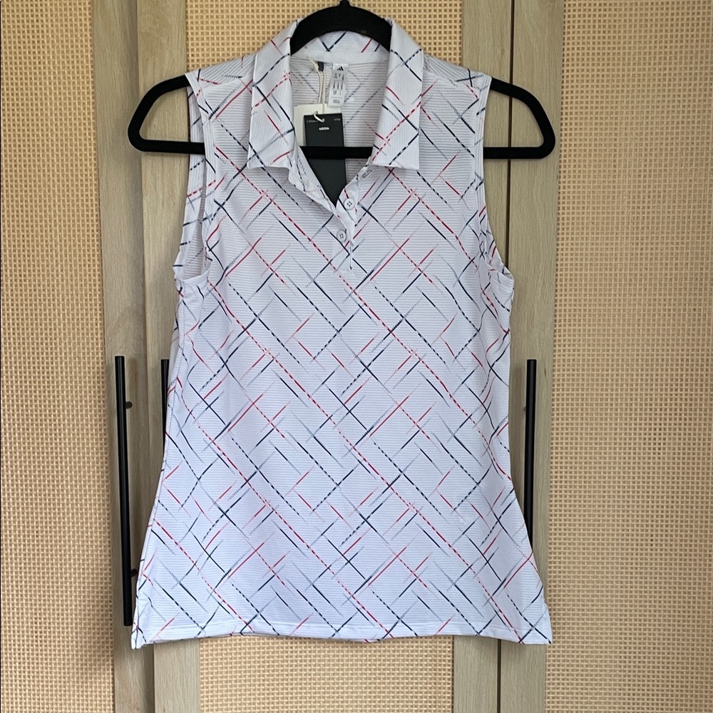 Adidas Women's White Sleeveless Polo with Red and Blue Pattern NWT